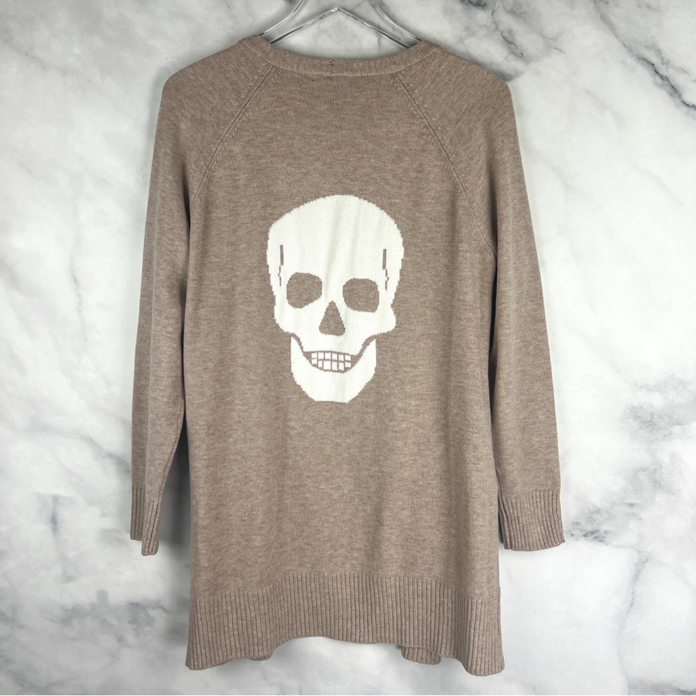 NWT Sweet Romeo Skull Back Knit Long Sleeve Open Cardigan Sweater Oatmeal Edgy M
